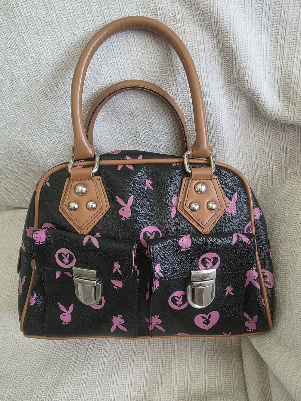 PLAYBOY Black Satchel with Pink Logo Print and Tan Handles